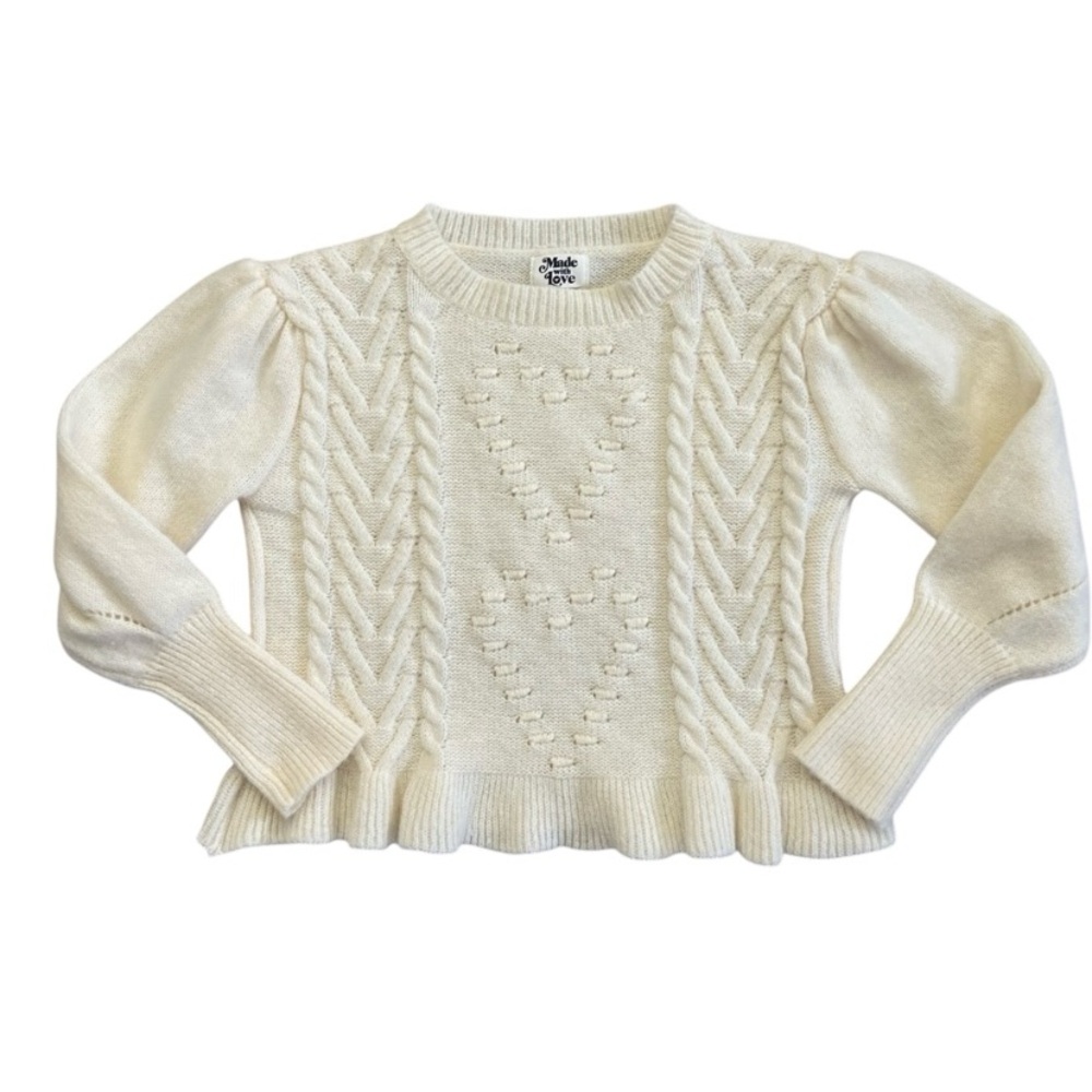 Cream Cable Knit Cropped Sweater Heart Detail Balloon Sleeve Ruffled Waist Small